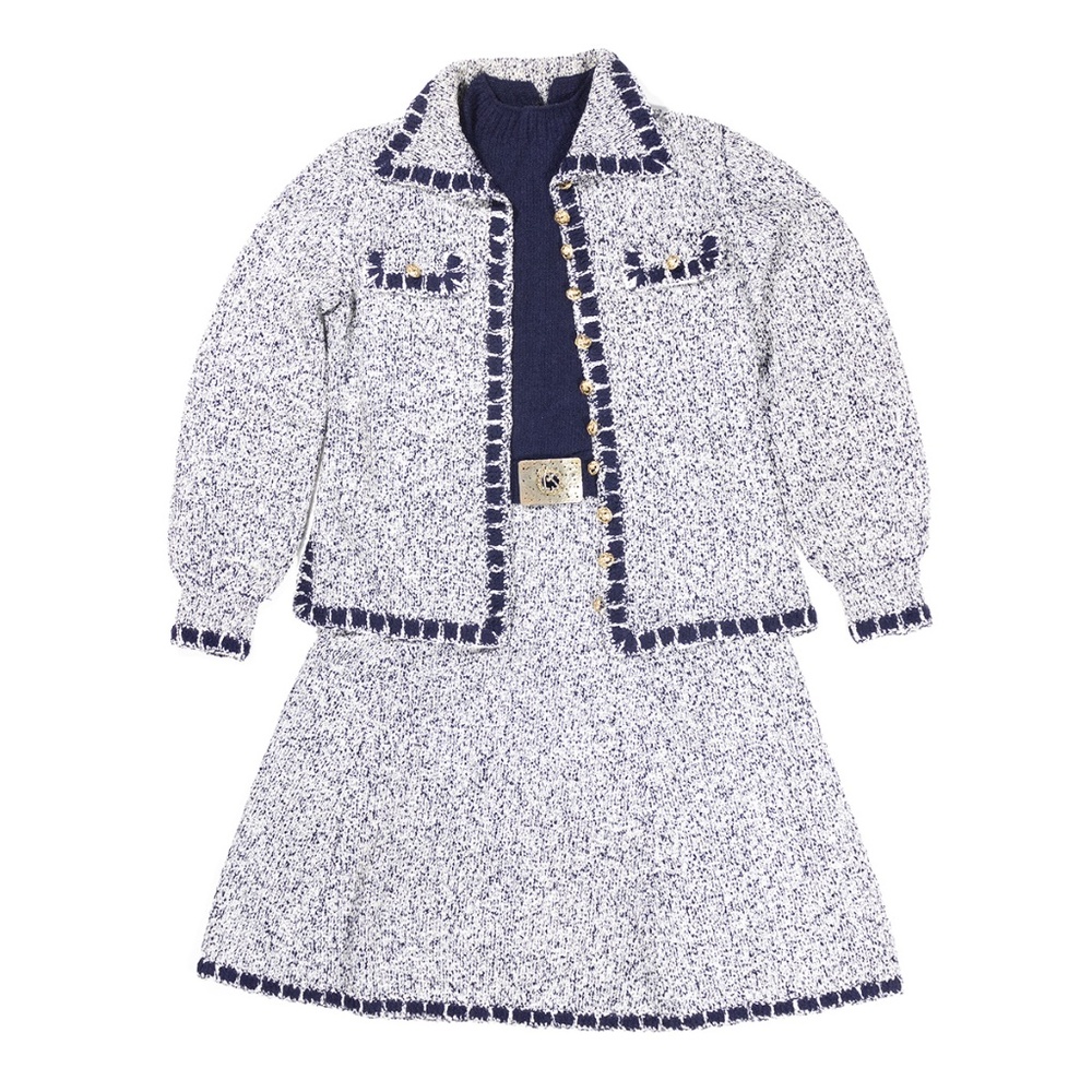 St. John Knit Sleeveless Sweater Dress with Jacket, Navy & White